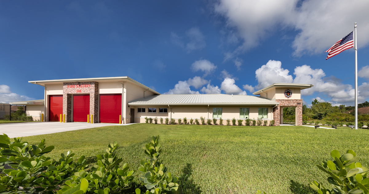 Architectural landscape view of the Fire and Rescue Station 17 Fort Myers, FL.